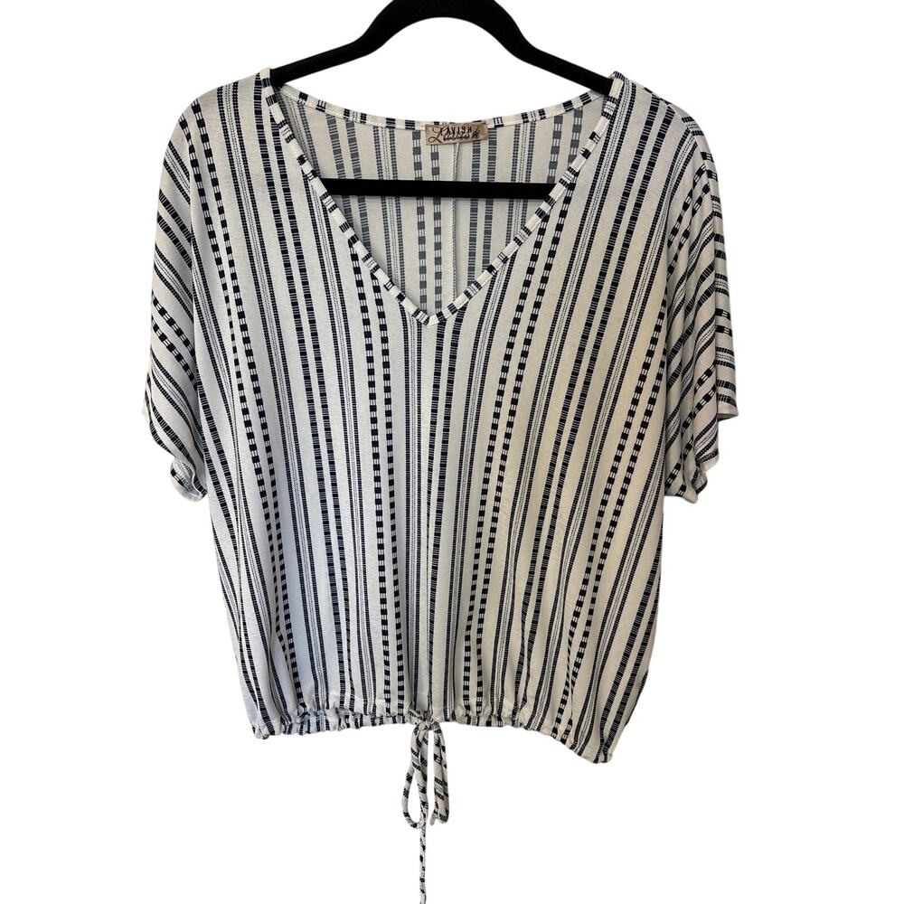 Lavish Woman's Medium Striped V-Neck Blouse with Drawstring Hem